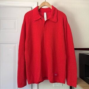 NWT ALO YOGA red cotton blend chunky knit polo popover pullover sweater